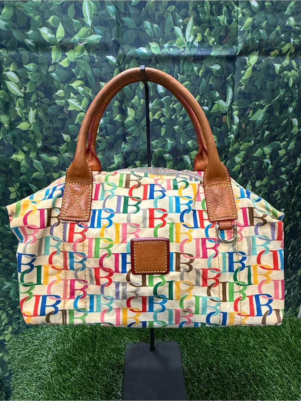 Dooney & Bourke Grafica Multicolor Rainbow DB Logo Canvas Barrel Handbag Purse
